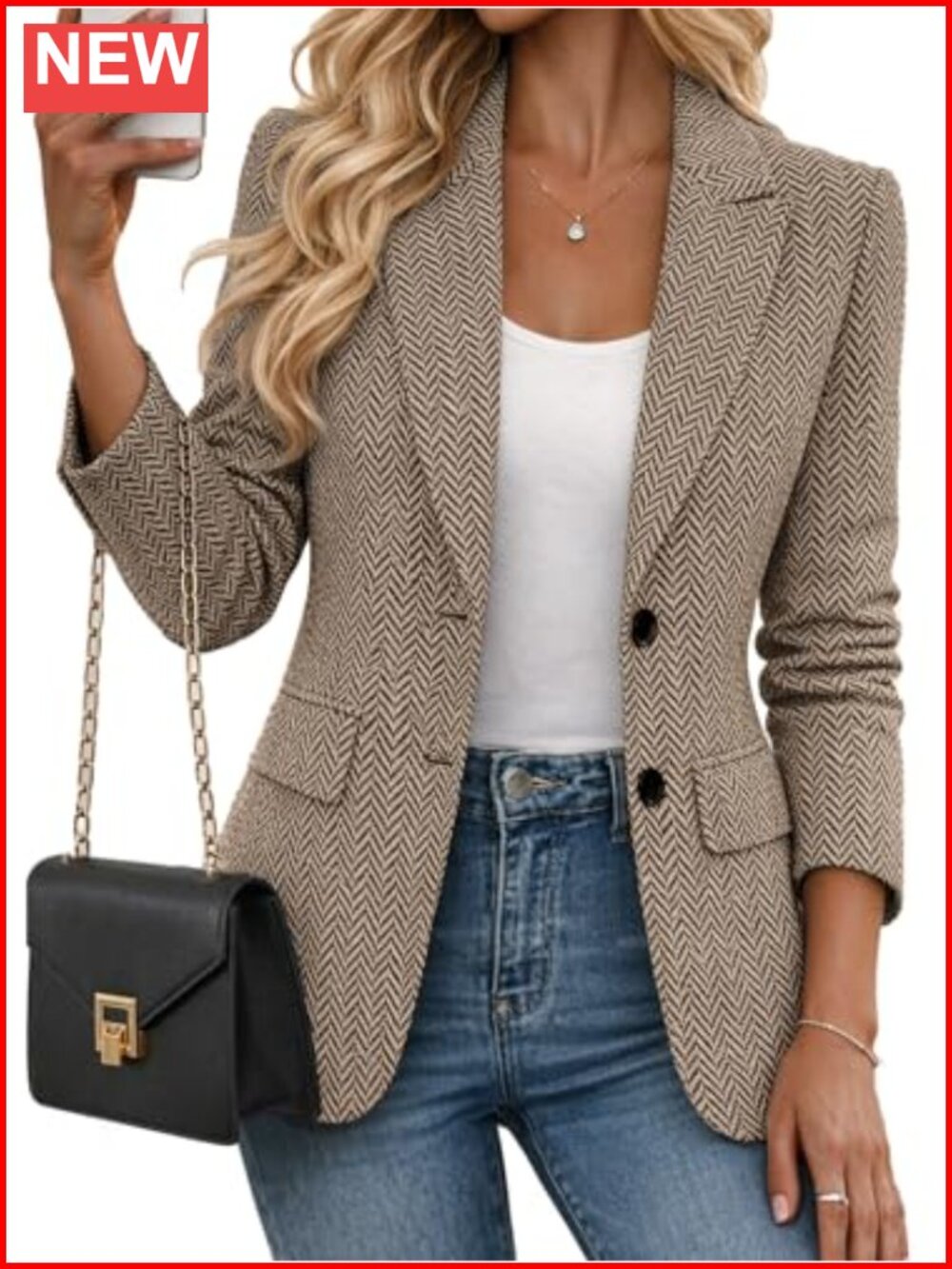 Women's Herringbone Tweed Blazer Business Casual Plaid Jacket